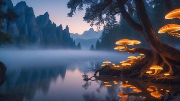 Glowing Mushrooms by Lake Reflecting Mountain Peaks at Dusk photo