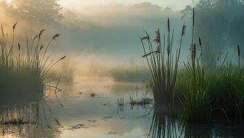 Misty Pond at Dawn with Cattails and Soft Early Morning Light photo