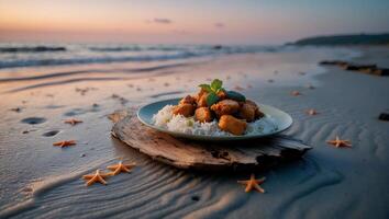 Chicken and Rice Dish on Beach at Sunset with Starfish photo