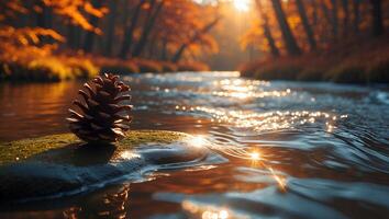 Pinecone Resting on Rock in River During Colorful Autumn Sunlight photo