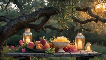 Outdoor Feast with Peaches Grapes and Candlelight on Rustic Table photo