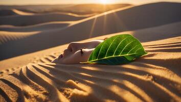 Face in Sand with Leaf and Ants in Desert at Sunrise photo