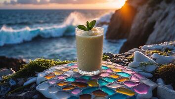 Refreshing Smoothie at Beach with Sunset and Ocean Waves Backdrop photo