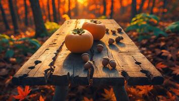 Persimmons and Acorns on Rustic Bench in Autumn Forest Scene photo