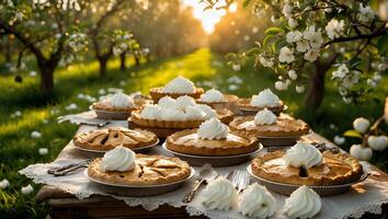 Serving Fresh Baked Pies in Orchard Garden Setting at Sunset photo