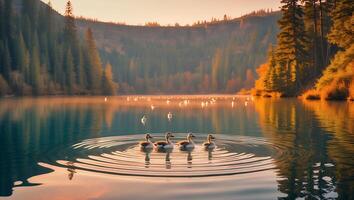 Ducks Swiming on Calm Lake at Sunset Surrounded by Forest photo