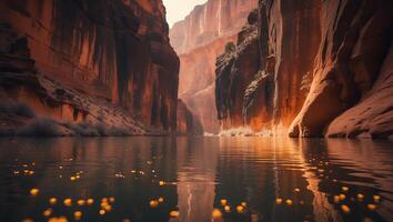 River Flowing Through a Canyon with Orange Rocks and Reflections photo
