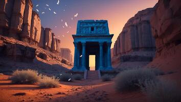 Ancient Structure in Desert Landscape with Calm Sky and Falling Feathers photo