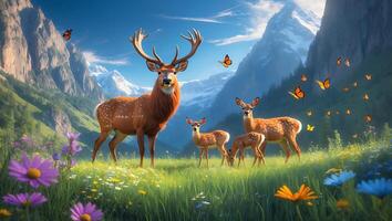 Deer Family Grazing in Mountain Meadow with Butterflies and Wildflowers photo
