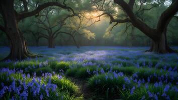 Enchanting Bluebell Field in Forest at Sunrise with Sunlight Shining Through photo