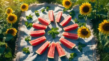 Arrangement of Fresh Watermelon Slices on a Blanket Surrounded by Sunflowers photo