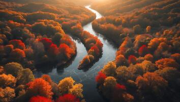 Aerial River View Flowing Through Forest with Autumn Colored Trees photo