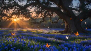 Flowering Field with Large Tree and Butterflies at Sunset photo