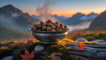 Bowl of Acorns Steaming on Log with Autumn Mountain Backdrop photo