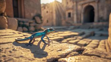 Lizard Walking on Stone Structure in Sunlight with Ancient Architecture photo