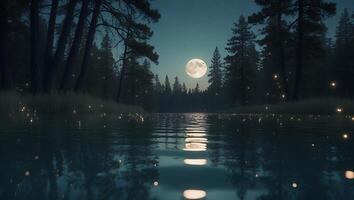 Reflecting Moon Over Calm Lake Surrounded by Dark Forest at Night photo