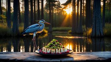 Standing Heron Near Food Plate in Forest with Water Reflection photo