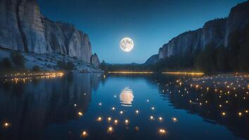Tranquil Lake Reflection of Moon and Stars in Mountain Landscape photo