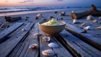 Bowl of Food on Beach with Seashells at Dusk Landscape photo