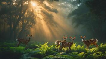 Deer Standing Among Ferns in Forest with Rays of Golden Light photo