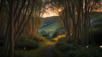 Walking Path Through Woodland with Fireflies at Sunset Landscape photo
