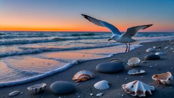 Seagull Flying Over Sandy Beach with Seashells at Sunset photo