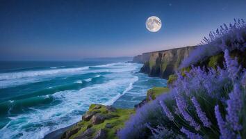 Ocean Cliffside with Lavender Under Moonlit Sky and Breaking Waves photo