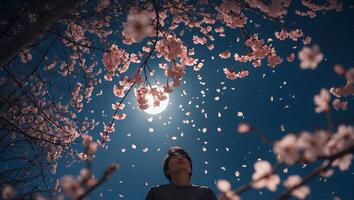 Looking Up at Falling Cherry Blossom Petals Underneath a Full Moon photo