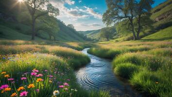 River Flowing Through Grassy Meadow with Wildflowers and Rolling Hills photo
