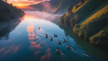 Ducks Swim on Calm Lake at Sunset with Hills Reflection photo