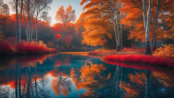 Autumn Trees Reflecting in Calm Lake Water Fall Season Landscape photo