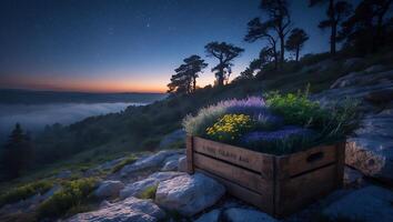 Blooming Flowers in Wooden Crate with Starry Night Background Scene photo