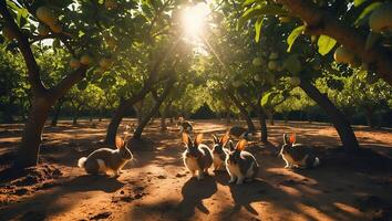 Rabbits Gathering in Orchard During Golden Hour Sunshine Under Fruit Trees photo