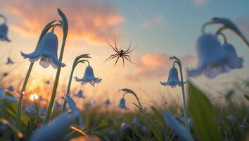Spider on Web with Bluebell Flowers at Sunset in Meadow photo