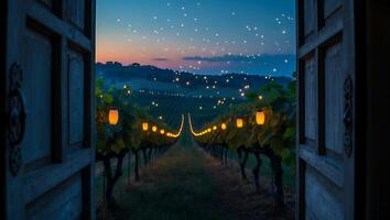 Entering Vineyard at Dusk with Illuminated Lanterns Through Open Door photo