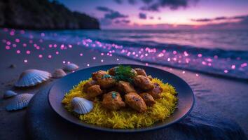Chicken and Rice Dish Served Outdoors at Beach During Sunset photo
