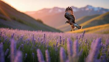 Hawk Flying Above Lavender Field at Sunset with Mountain Backdrop photo