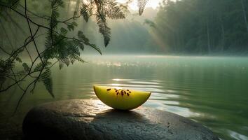Kiwi Slice Resting on Rock by Serene Lake with Sun Rays photo