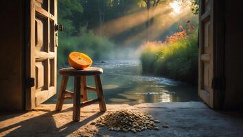 Orange and Seeds by Open Door Overlooking Stream in Nature photo