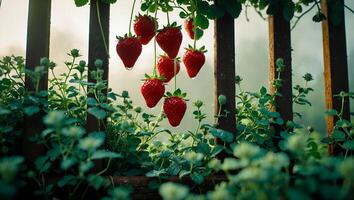 Harvesting Fresh Strawberries Hanging on Vines in a Lush Garden photo