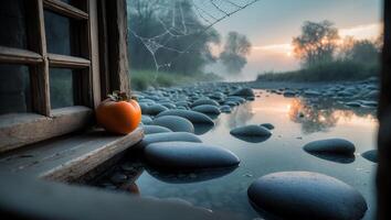 Still Life with Fruit at Window Overlooking River and Rocks photo