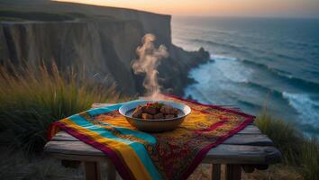 Hot Meal on Table Overlooking Ocean Coastline at Sunset photo