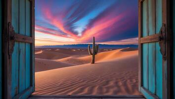 Desert View Through Open Window with Cactus and Dramatic Sunset photo