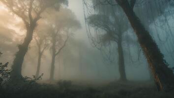 Exploring Tranquil Foggy Forest Scenery with Overhanging Vines and Lush Grass photo