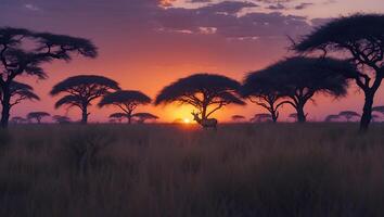 Serene Savannah Sunset with Silhouette Trees and Antelope Gazing photo