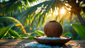 Coconut on Sea Salt with Tropical Palm Trees and Golden Sunlight photo