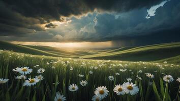 Field of Daisies Blooming Under Stormy Sky at Sunset with Rain photo