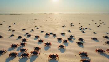 Crabs Walking Across Sandy Beach at Sunrise Migration Scene photo
