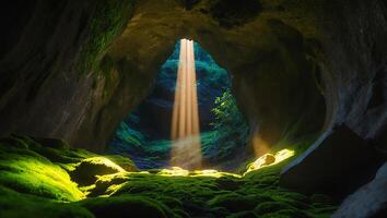 Sunlight Streaming Into Mossy Cavern Creates a Mysterious and Serene Scene photo