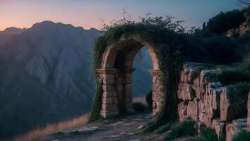 Stone Archway on Hillside Overlooking Distant Mountains at Dusk photo